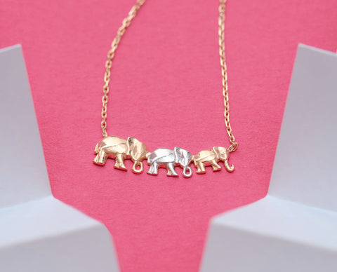 14K Solid Gold Trio Elephant Necklace - Cute Family-Inspired Jewelry