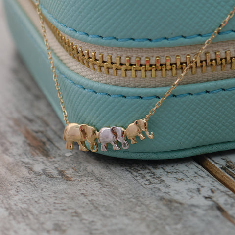 14K Solid Gold Trio Elephant Necklace - Cute Family-Inspired Jewelry