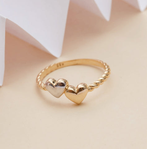 14K Gold Dual-Tone Hearts Ring - Symbolic and Charming Jewelry