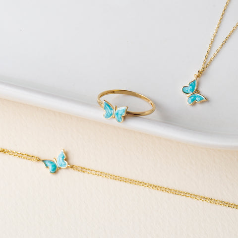 14K Gold Butterfly Bracelet - Enamel Blue, Pink, or White Colored, Dainty and Elegant Jewelry for Her