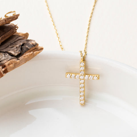 14K Solid Gold Cubic Zirconia Cross Pendant Necklace - Timeless Religious Jewelry