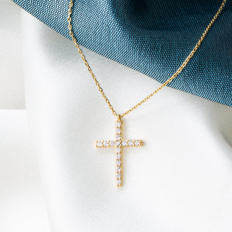 14K Solid Gold Cubic Zirconia Cross Pendant Necklace - Timeless Religious Jewelry