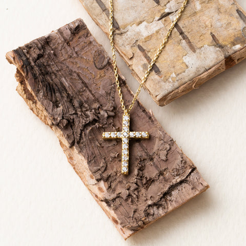 14K Solid Gold Cubic Zirconia Cross Pendant Necklace - Timeless Religious Jewelry