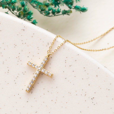 14K Solid Gold Cubic Zirconia Cross Pendant Necklace - Timeless Religious Jewelry