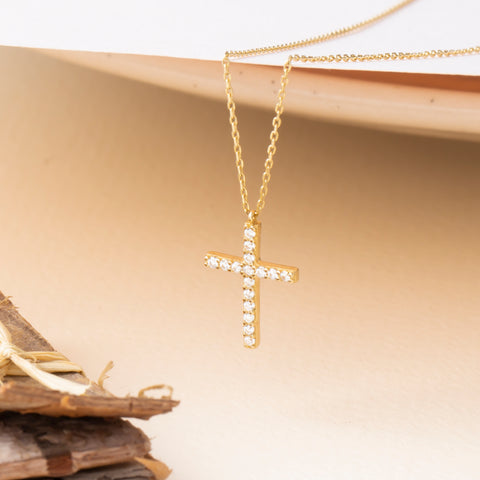 14K Solid Gold Cubic Zirconia Cross Pendant Necklace - Timeless Religious Jewelry