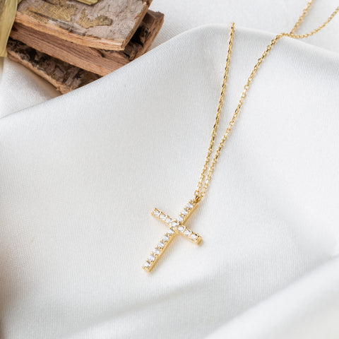 14K Solid Gold Cubic Zirconia Cross Pendant Necklace - Timeless Religious Jewelry