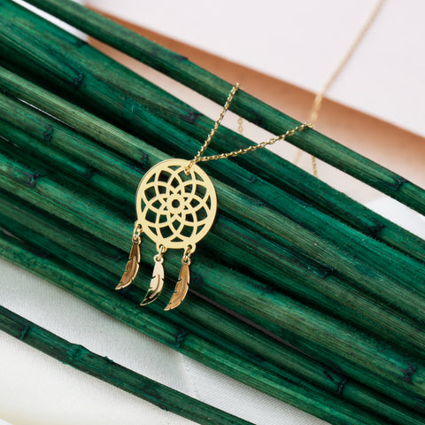 14K Solid Gold Dream Catcher Necklace - Symbolic Feather Pendant Jewelry