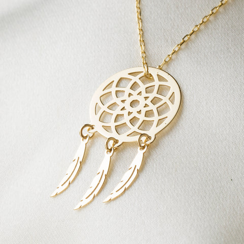 14K Solid Gold Dream Catcher Necklace - Symbolic Feather Pendant Jewelry