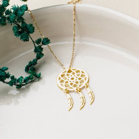 14K Solid Gold Dream Catcher Necklace - Symbolic Feather Pendant Jewelry