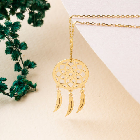 14K Solid Gold Dream Catcher Necklace - Symbolic Feather Pendant Jewelry