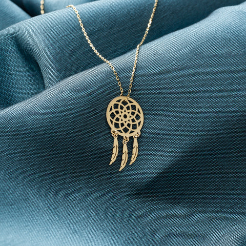 14K Solid Gold Dream Catcher Necklace - Symbolic Feather Pendant Jewelry