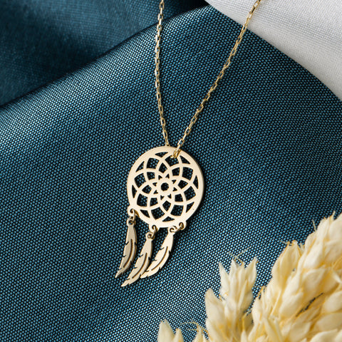 14K Solid Gold Dream Catcher Necklace - Symbolic Feather Pendant Jewelry