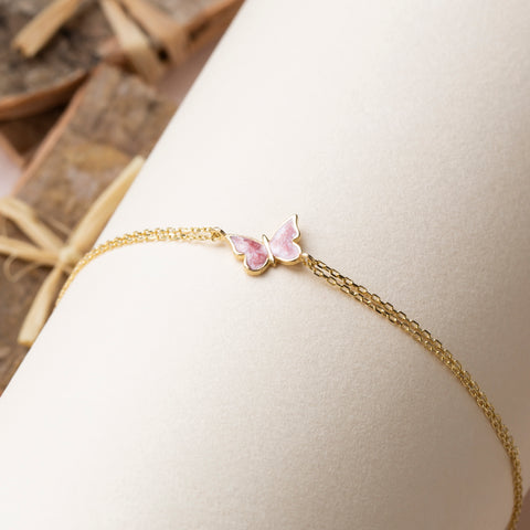 14K Gold Butterfly Bracelet - Enamel Blue, Pink, or White Colored, Dainty and Elegant Jewelry for Her