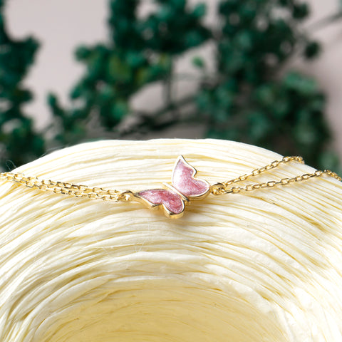 14K Gold Butterfly Bracelet - Enamel Blue, Pink, or White Colored, Dainty and Elegant Jewelry for Her