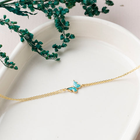 14K Gold Butterfly Bracelet - Enamel Blue, Pink, or White Colored, Dainty and Elegant Jewelry for Her