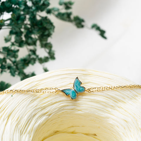 14K Gold Butterfly Bracelet - Enamel Blue, Pink, or White Colored, Dainty and Elegant Jewelry for Her