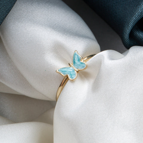 14k Gold Butterfly Ring - Elegant Enamel Design in White, Pink, Blue