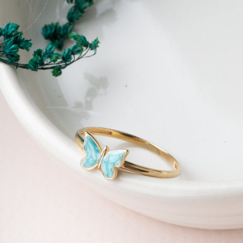 14k Gold Butterfly Ring - Elegant Enamel Design in White, Pink, Blue