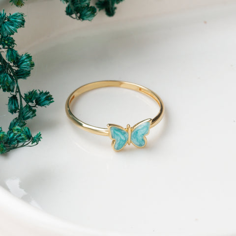 14k Gold Butterfly Ring - Elegant Enamel Design in White, Pink, Blue