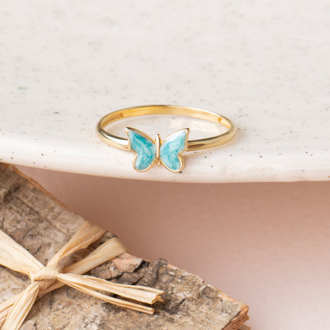 14k Gold Butterfly Ring - Elegant Enamel Design in White, Pink, Blue