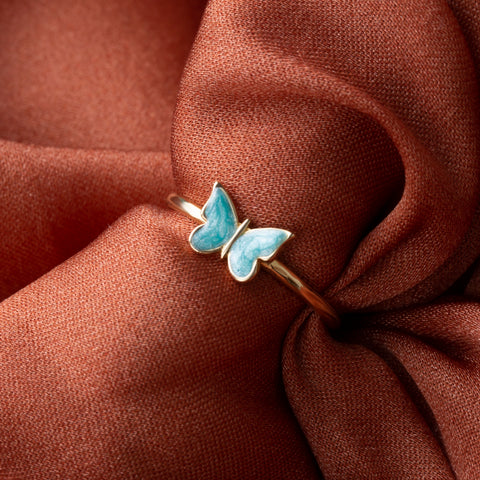 14k Gold Butterfly Ring - Elegant Enamel Design in White, Pink, Blue