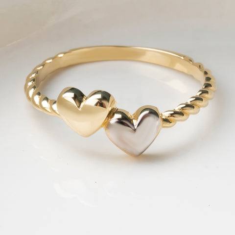 14K Gold Dual-Tone Hearts Ring - Symbolic and Charming Jewelry