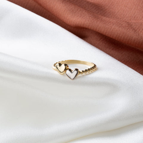 14K Gold Dual-Tone Hearts Ring - Symbolic and Charming Jewelry