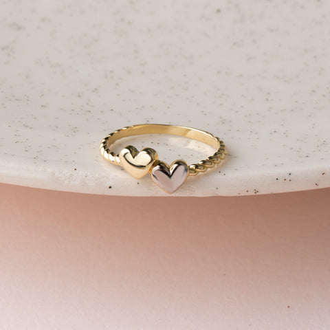 14K Gold Dual-Tone Hearts Ring - Symbolic and Charming Jewelry