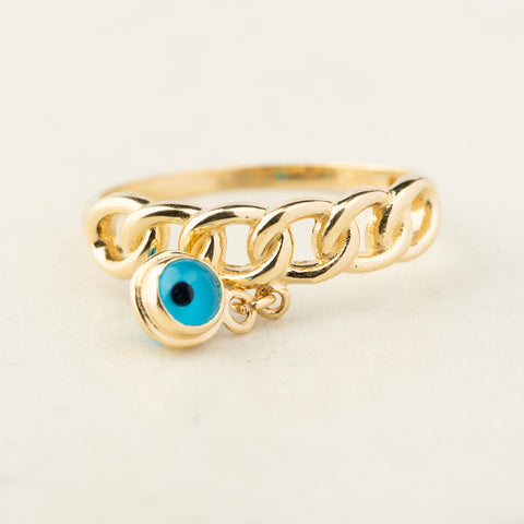 14K Solid Gold Cuban Chain Link Ring with Evil Eye Pendant - Stylish Protection