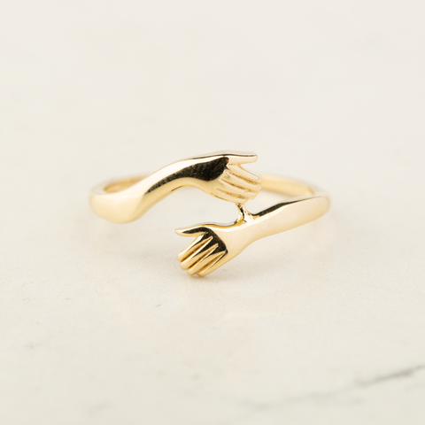 14K Solid Gold Hugging Hands Ring - Symbol of Connection and Affection