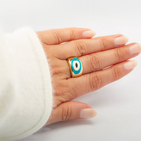 14K Solid Gold Large Dome Evil Eye Ring - Protective Elegance