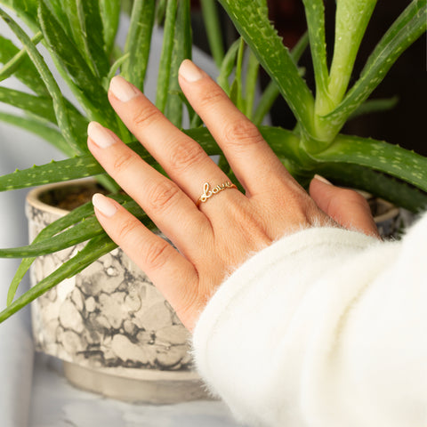 14K Solid Gold Cursive Love Ring - Embrace the Bonds of Love