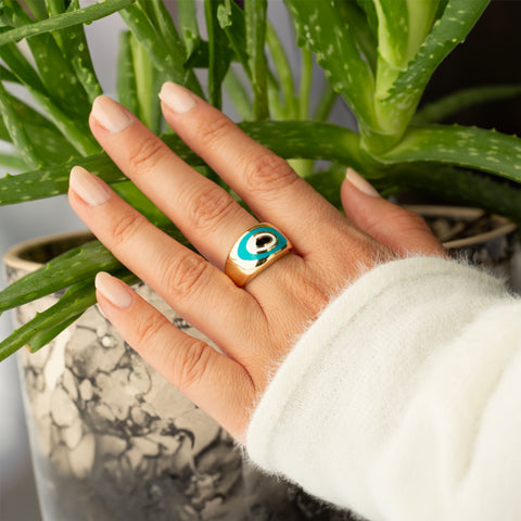 14K Solid Gold Large Dome Evil Eye Ring - Protective Elegance