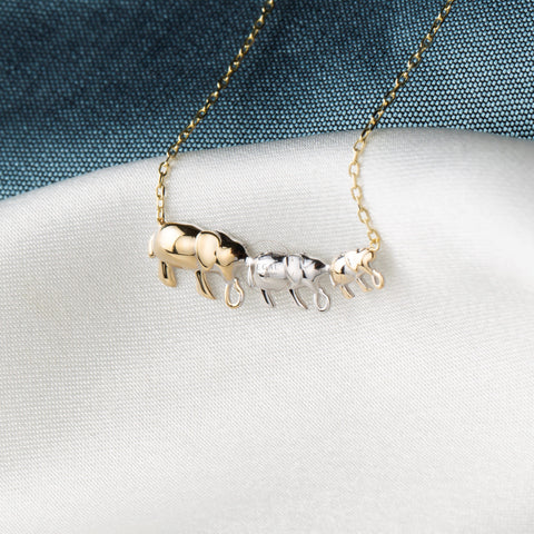 14K Solid Gold Trio Elephant Necklace - Cute Family-Inspired Jewelry