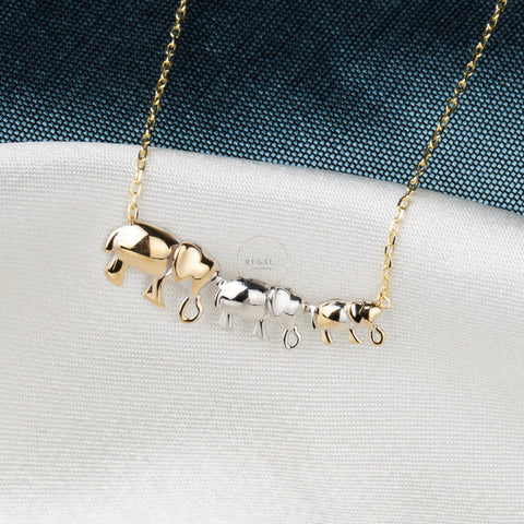 14K Solid Gold Trio Elephant Necklace - Cute Family-Inspired Jewelry