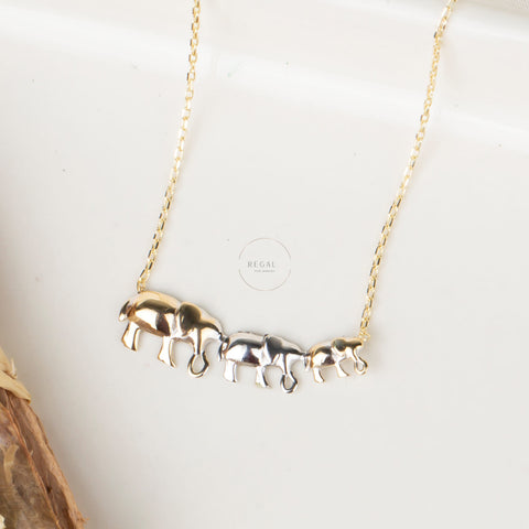 14K Solid Gold Trio Elephant Necklace - Cute Family-Inspired Jewelry