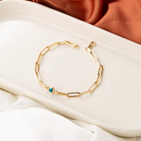 14K Gold Paperclip Chain Bracelet with Evil Eye Charm - Contemporary and Symbolic Jewelry