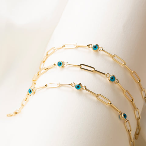 14K Gold Paperclip Chain Bracelet with Evil Eye Charm - Contemporary and Symbolic Jewelry