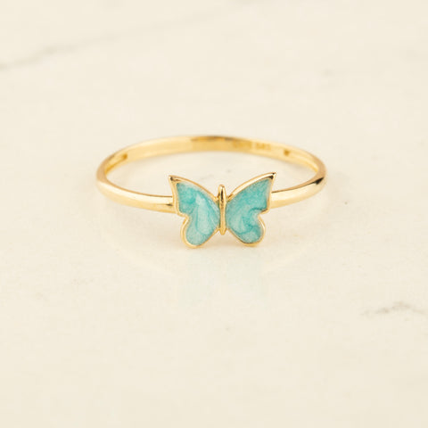 14k Gold Butterfly Ring - Elegant Enamel Design in White, Pink, Blue