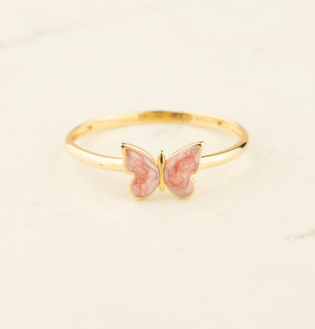 14k Gold Butterfly Ring - Elegant Enamel Design in White, Pink, Blue