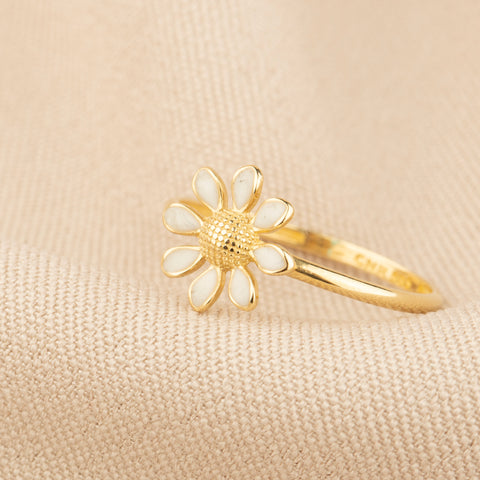 14K Gold White Daisy Flower Ring - Whimsical Elegance in Bloom