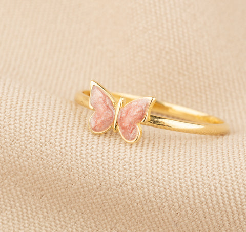 14k Gold Butterfly Ring - Elegant Enamel Design in White, Pink, Blue