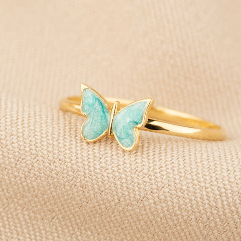 14k Gold Butterfly Ring - Elegant Enamel Design in White, Pink, Blue