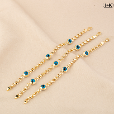 14K Gold Rolo Chain Bracelet with Evil Eye Charms - Symbol of Protection and Style