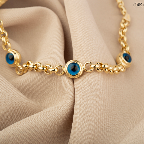 14K Gold Rolo Chain Bracelet with Evil Eye Charms - Symbol of Protection and Style