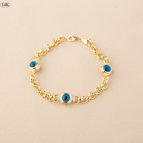 14K Gold Rolo Chain Bracelet with Evil Eye Charms - Symbol of Protection and Style