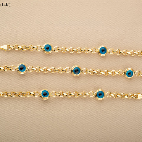 14K Gold Rolo Chain Bracelet with Evil Eye Charms - Symbol of Protection and Style