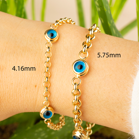 14K Gold Rolo Chain Bracelet with Evil Eye Charms - Symbol of Protection and Style