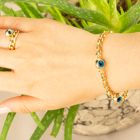 14K Gold Rolo Chain Bracelet with Evil Eye Charms - Symbol of Protection and Style