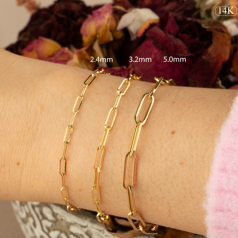 14K Solid Gold Paperclip Chain Bracelet - Lightweight, Adjustable & Elegant